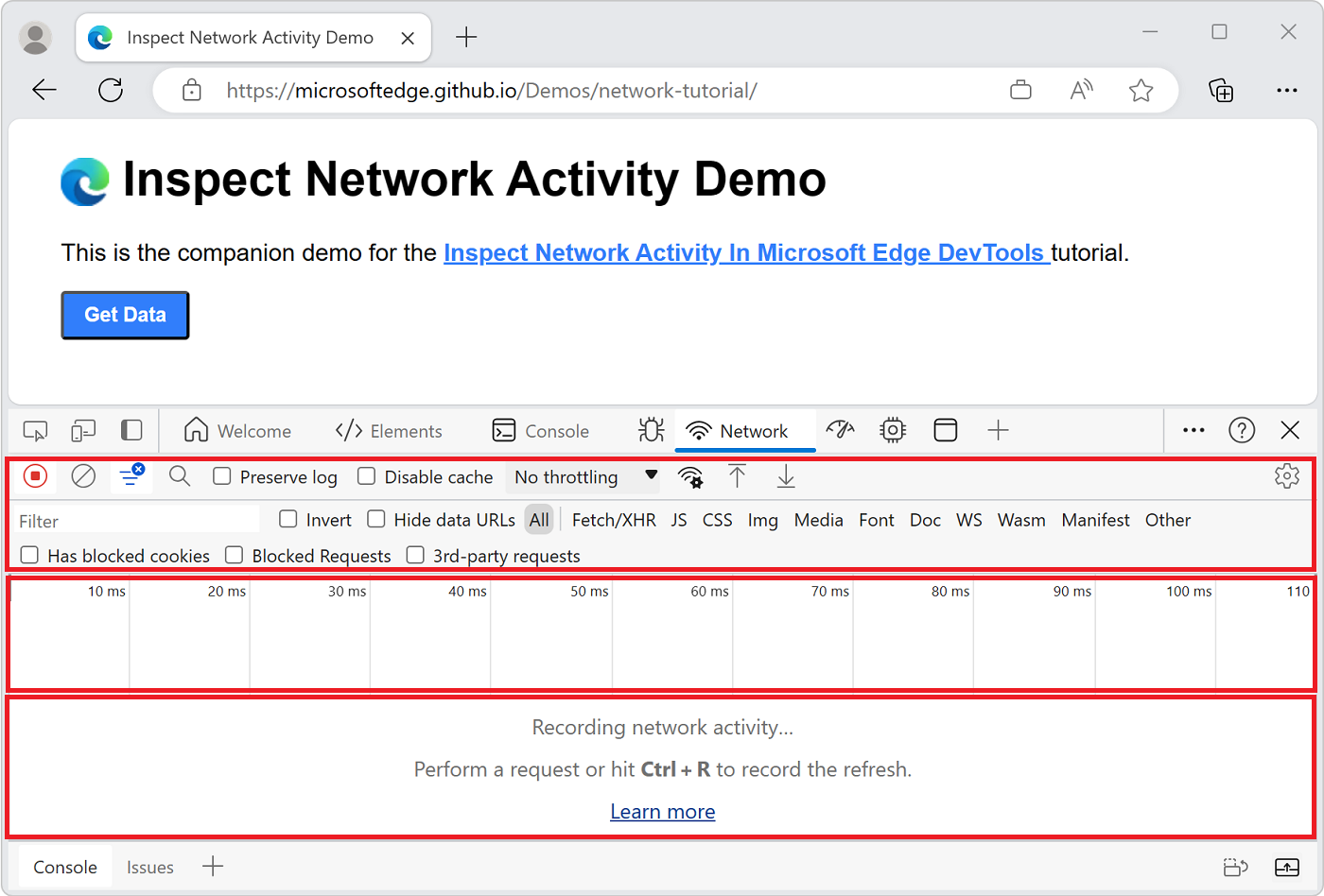 The three main parts of the Network tool