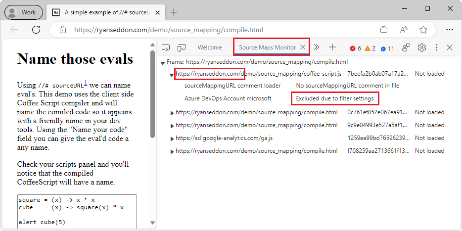 Source Maps Monitor tool indicates source map URL lookups attempted