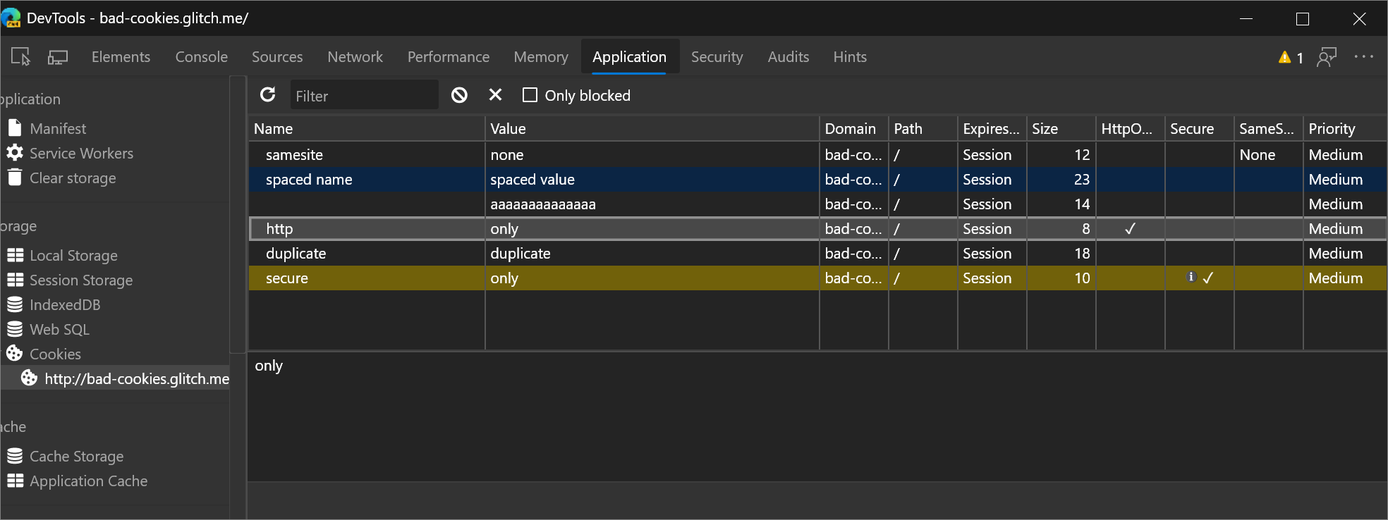 Blocked cookies in the Cookies pane of the Application panel