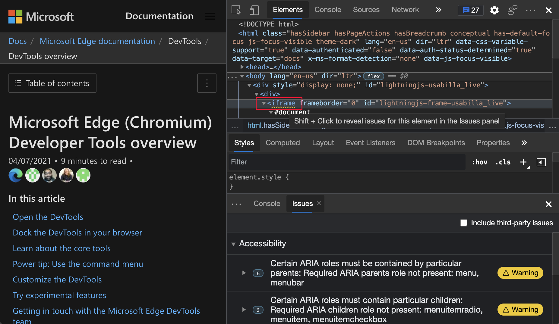 Selecting the underlined error in the Elements tool