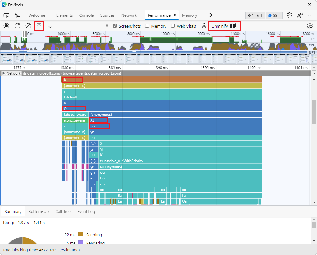 Minified function names in the flame chart in the Performance tool