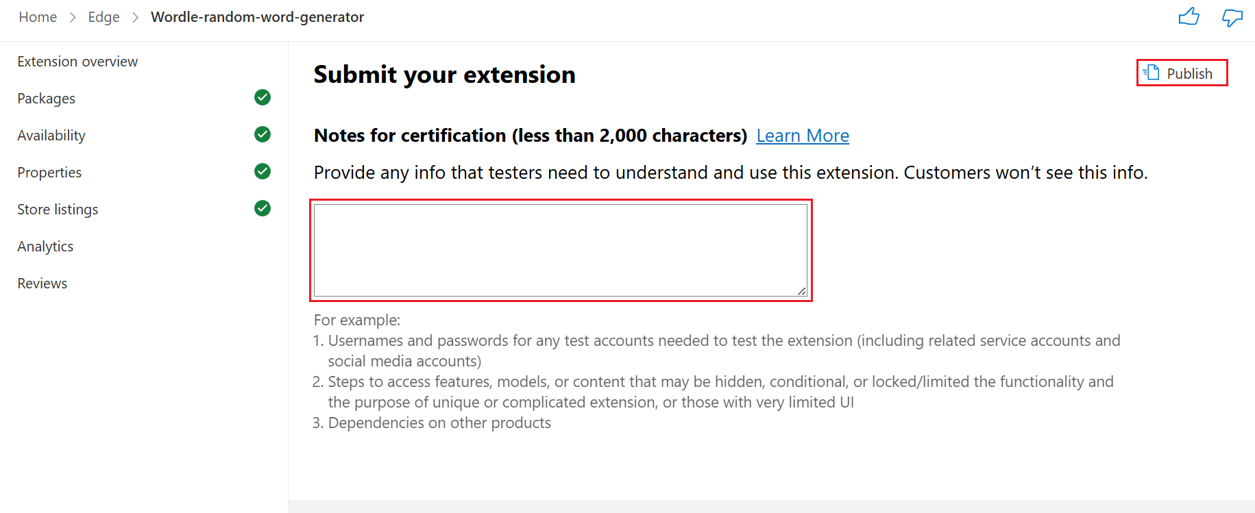 The "Submit your extension" page (the Notes for certification page)