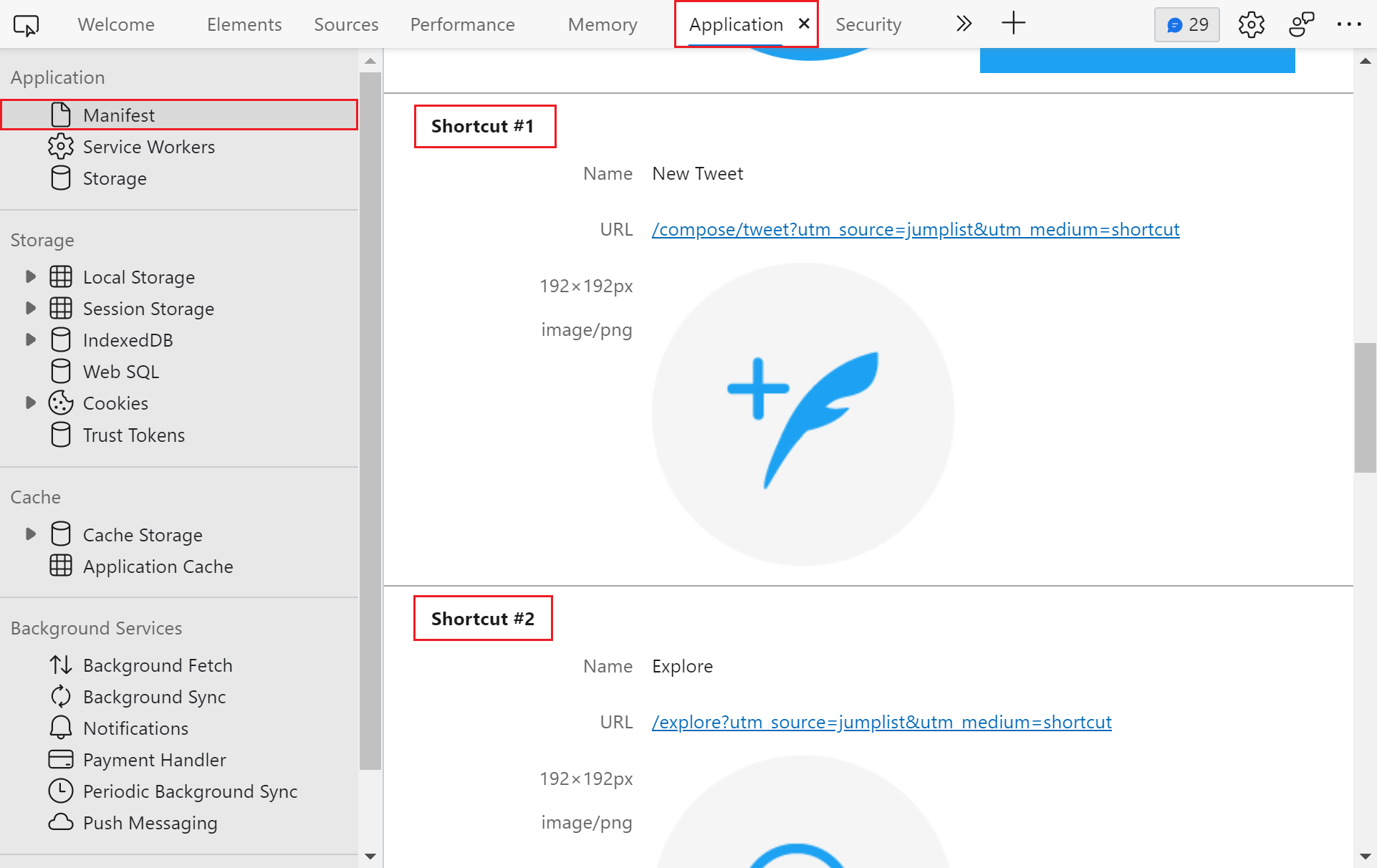 Shortcuts are listed in the Application panel