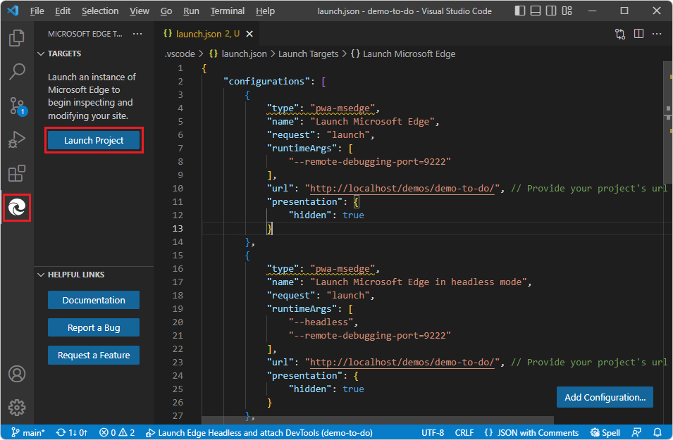 Targets pane when a launch.json file exists