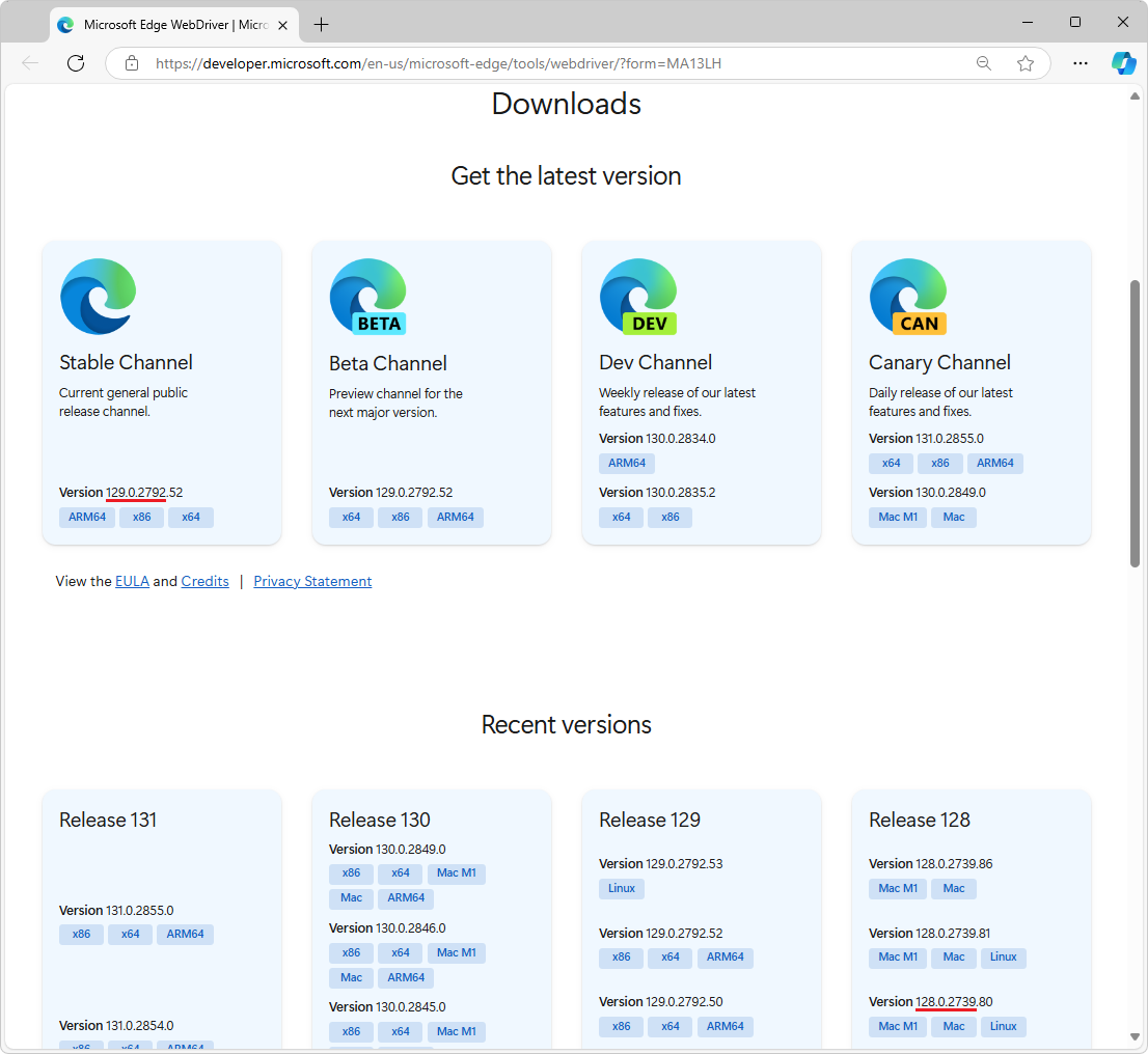 The Get the latest version section of the Microsoft Edge WebDriver webpage