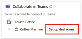 ภาพหน้าจอของบัตรทำงานร่วมกันใน Teams ใน Copilot for Sales สำหรับ Outlook ที่มีการเน้นปุ่มตั้งค่าห้องข้อตกลง