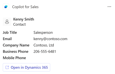 ภาพหน้าจอแสดงการ์ดผู้ติดต่อของ Copilot สำหรับฝ่ายขาย