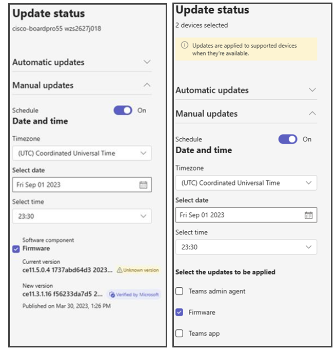 Device status update panel with single and multiple devices selected.