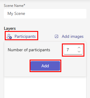 Screenshot shows the option to add participants to a scene in scene studio.