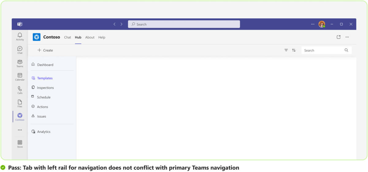 Graphic shows an example of navigation in a tab that doesn't conflict with the primary Teams navigation.