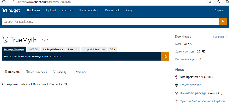 Screenshot of nuget webpage displaying the nuget package details.