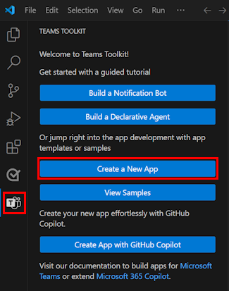 Screenshot shows the Create New Project button in the Teams Toolkit sidebar.