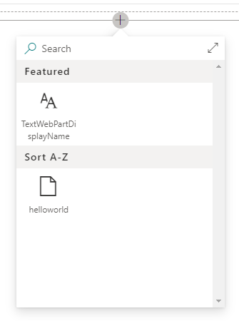 Screenshot showing the SPFx workbench running with the pop-up to add a web part selection.