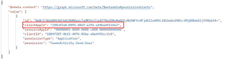 Screenshot shows the Graph explorer response to GET call for user RSC permissions.