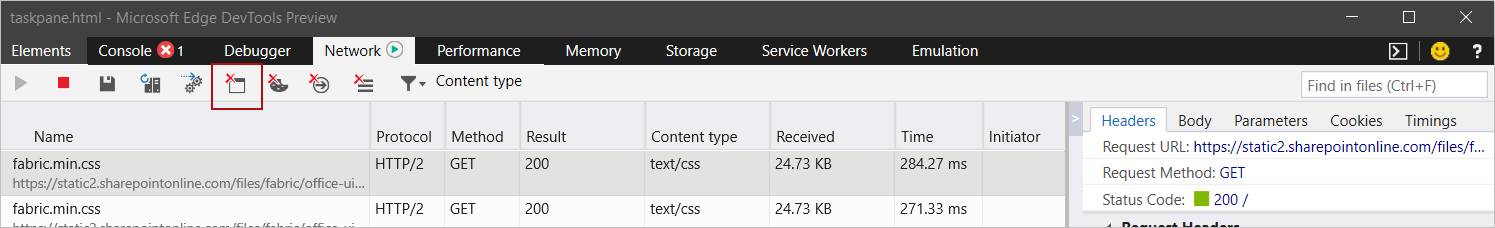 Microsoft Edge DevTools with the Clear cache button highlighted.