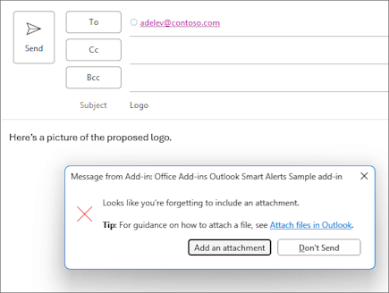 Dialog with a customized Take Action button requesting the user to add an attachment to the message.