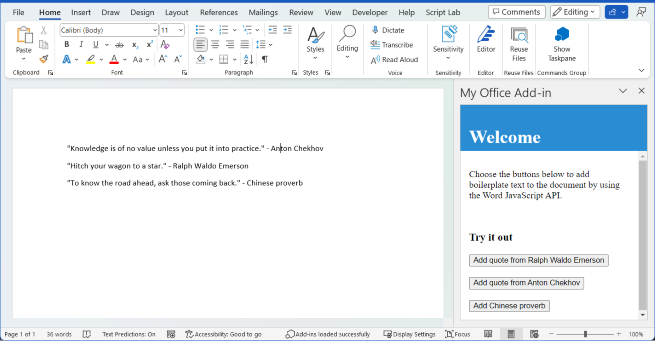 The Word application with the boilerplate add-in loaded.
