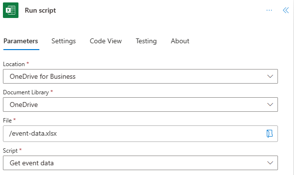 The completed Excel Online (Business) connector for the first script in Power Automate.