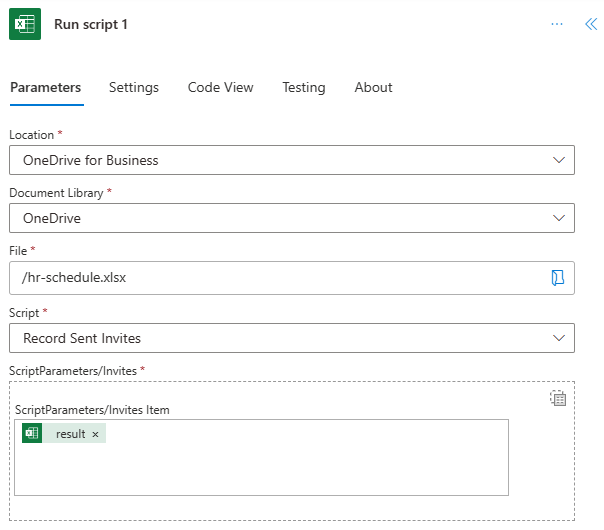 The completed Excel Online (Business) connector to record that invites have been sent.