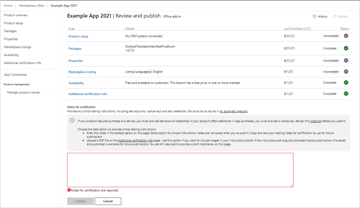 Screenshot showing credentials testing with the notes for certification field highlighted.