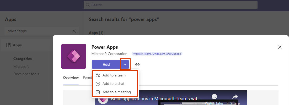 ภาพหน้าจอของหน้าแอป Power Apps ใน Teams โดยเน้นที่ปุ่มเพิ่มและตัวเลือกการเพิ่ม