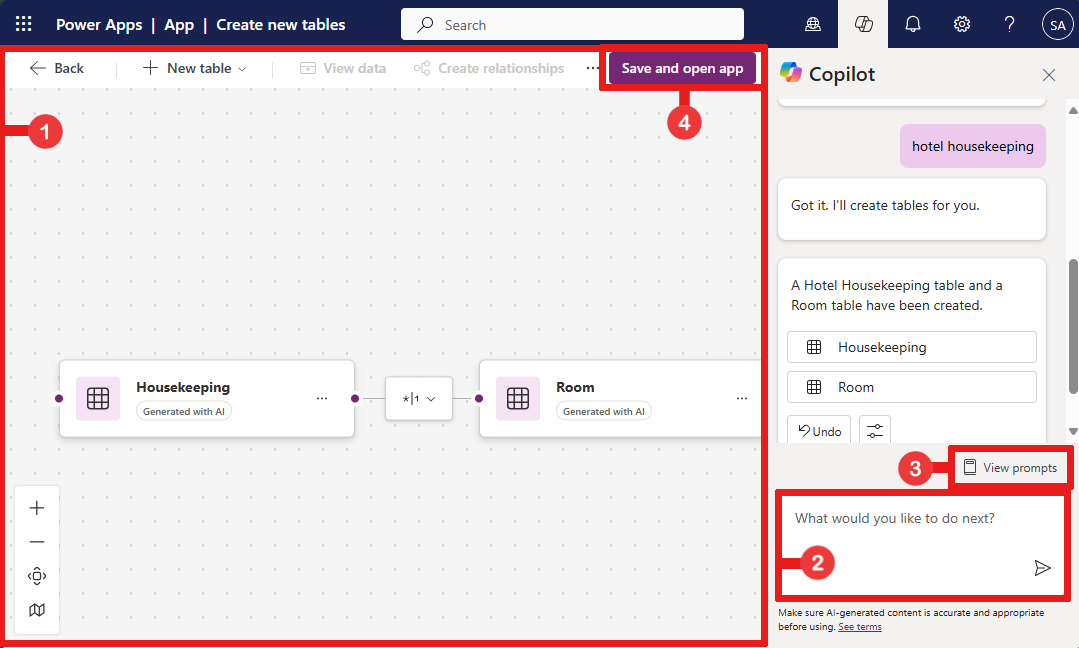 ภาพหน้าจอของตาราง Dataverse และความสัมพันธ์สำหรับแอปการดูแลทำความสะอาดโรงแรมพร้อมคำอธิบายประกอบที่มีหมายเลข