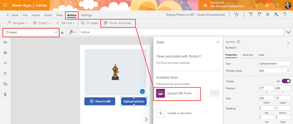 ภาพหน้าจอของปุ่มควบคุมที่อยู่ระหว่างการสร้างใน Power Apps Studio พร้อมโฟลว์ที่เพิ่มไปยังคุณสมบัติ OnSelect ของตัวควบคุม