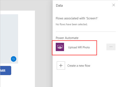 ภาพหน้าจอของบานหน้าต่างข้อมูล Power Apps Studio ที่แสดงโฟลว์ใหม่