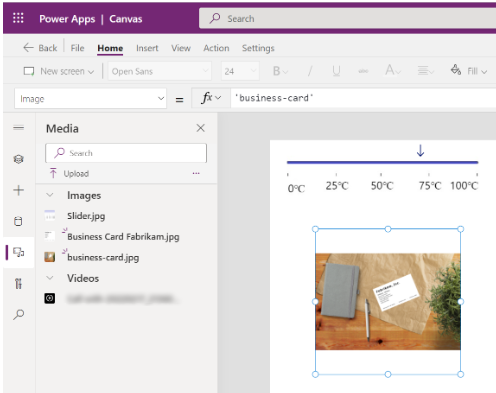ตัวอย่างของ Power Apps Studio ที่มีการเพิ่มไลบรารีและมัลติมีเดีย