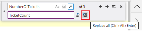 ไอคอนแทนที่ทั้งหมดทางด้านขวามือของตัวควบคุม Find and Replace หลังฟิลด์ป้อนข้อความแทนที่