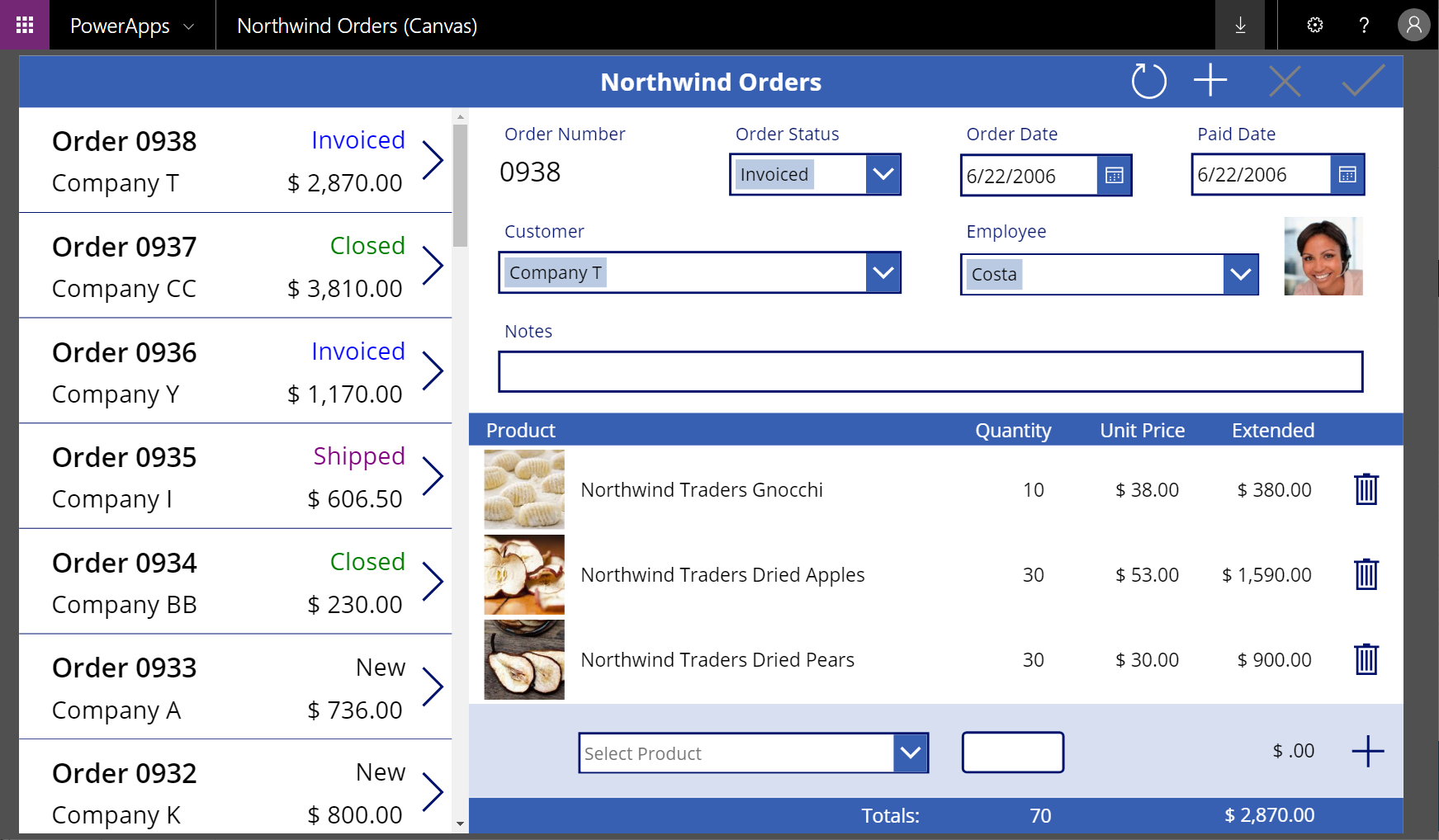 รายการใบสั่งและรายละเอียดในแอปพื้นที่ทำงาน Northwind