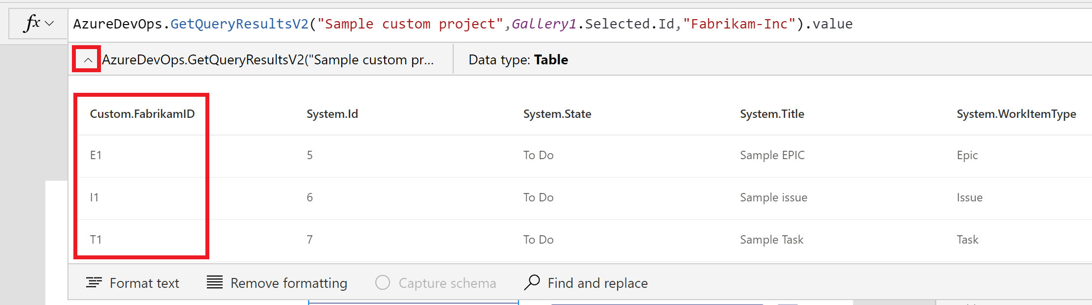 ตัวอย่างของสคีมาที่บันทึกด้วยรหัส Fabrikam ที่แสดงรายการในแถบสูตร