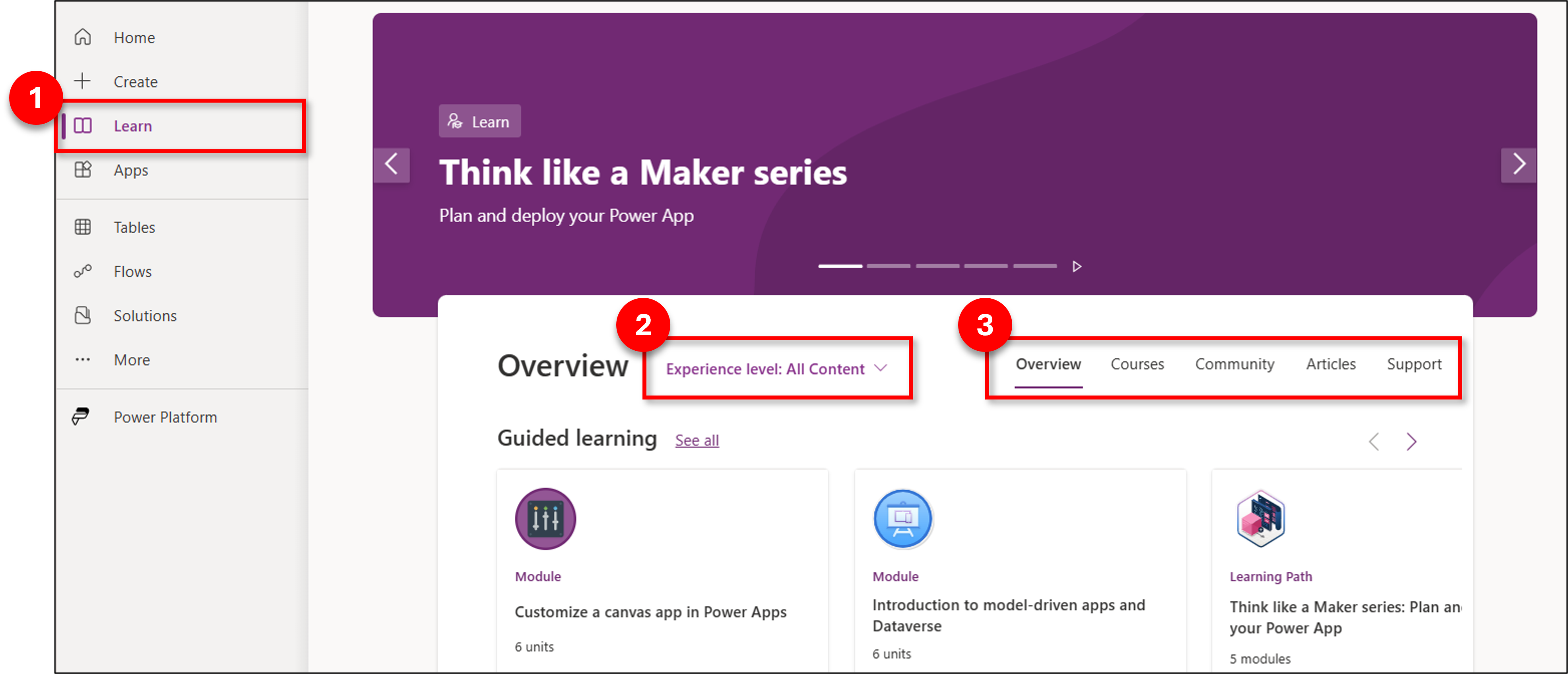 ภาพหน้าจอของฮับการเรียนรู้ใน Power Apps