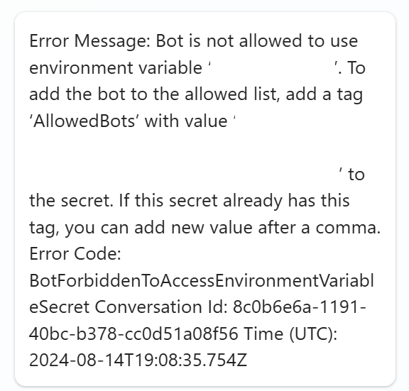 ข้อความแสดงข้อผิดพลาด: บอท ไม่ได้รับอนุญาตให้ใช้ตัวแปรสภาพแวดล้อม หากต้องการเพิ่ม บอท ลงในรายการที่อนุญาต ให้เพิ่มแท็ก 'AllowedBots' พร้อมค่า