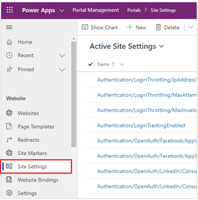 เปิดการตั้งค่าไซต์ในแอป Portal Management