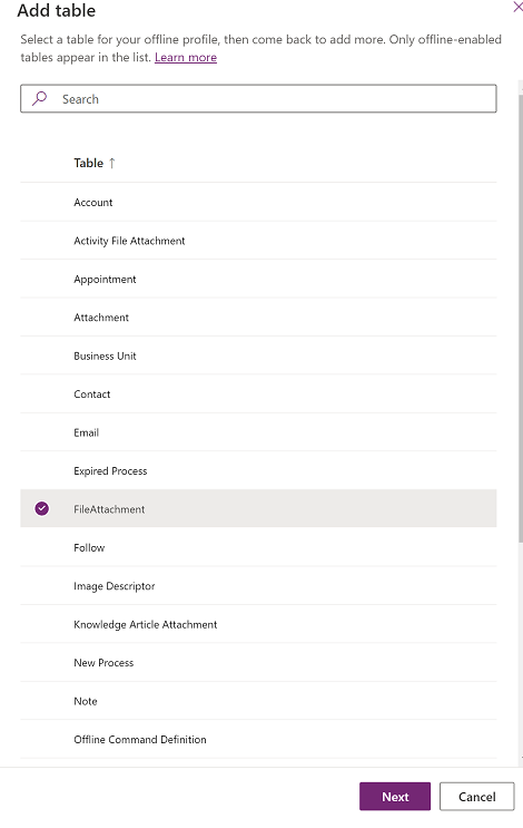 ภาพหน้าจอที่แสดงวิธีเพิ่มตาราง FileAttachment