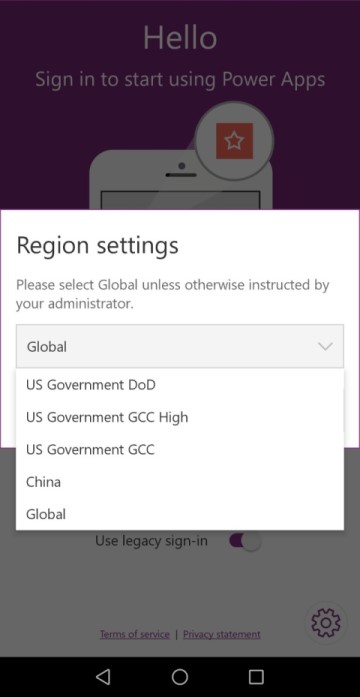 เลือกภูมิภาคเมื่อลงชื่อเข้าใช้แอป Power Apps บนมือถือ