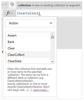 ฟังก์ชัน ClearCollect() ที่เลือก