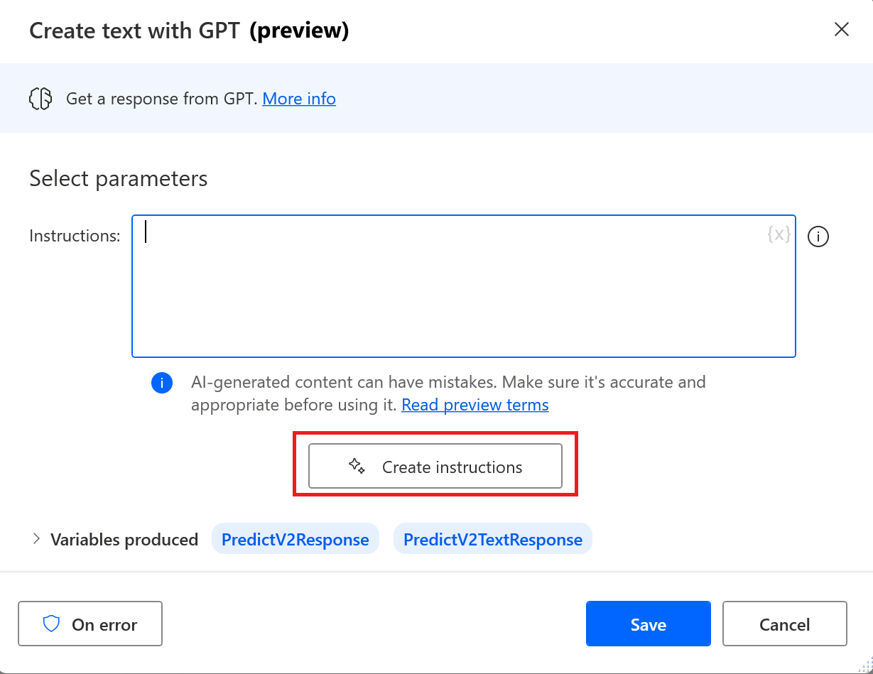 ภาพหน้าจอของปุ่มสร้างคำแนะนำในการดำเนินการสร้างข้อความด้วย GPT