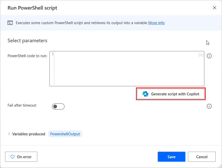 ภาพหน้าจอของการดำเนินการเรียกใช้ PowerShell โดยเน้นปุ่มสร้างสคริปต์ด้วย Copilot