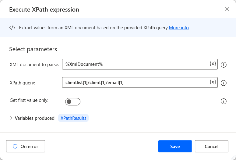 ภาพหน้าจอของการดำเนินการ เรียกใช้นิพจน์ XPath