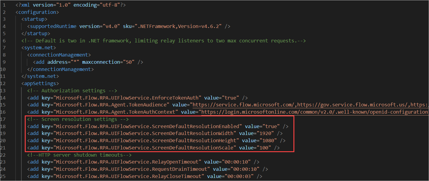 ภาพหน้าจอของคีย์ที่เหมาะสมในไฟล์ UIFlowService.exe.config