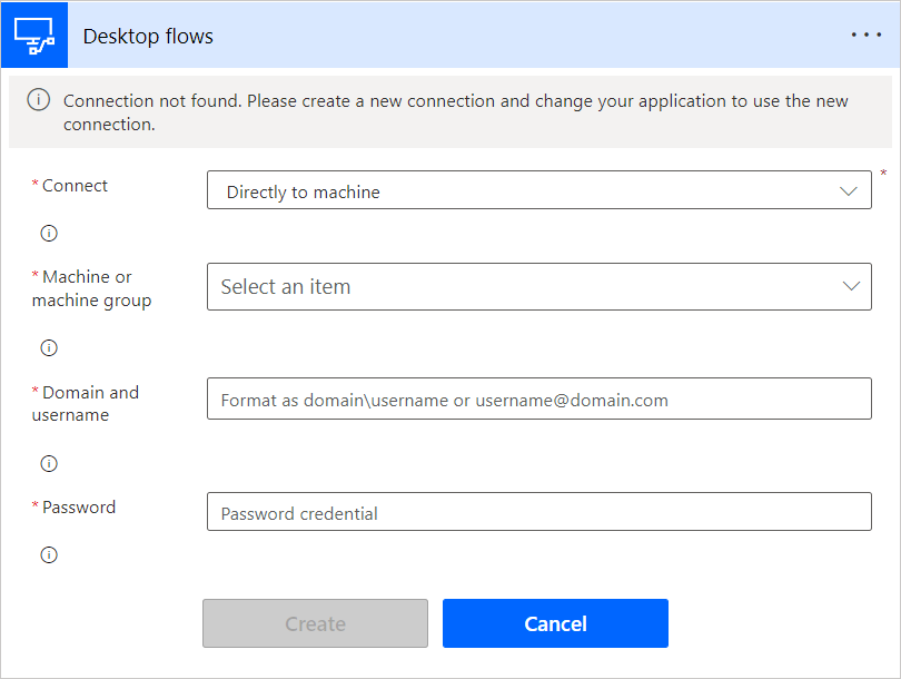 ภาพหน้าจอของตัวเลือกการเชื่อมต่อในการดำเนินการเรียกใช้โฟลว์ที่สร้างด้วย Power Automate สำหรับเดสก์ท็อป