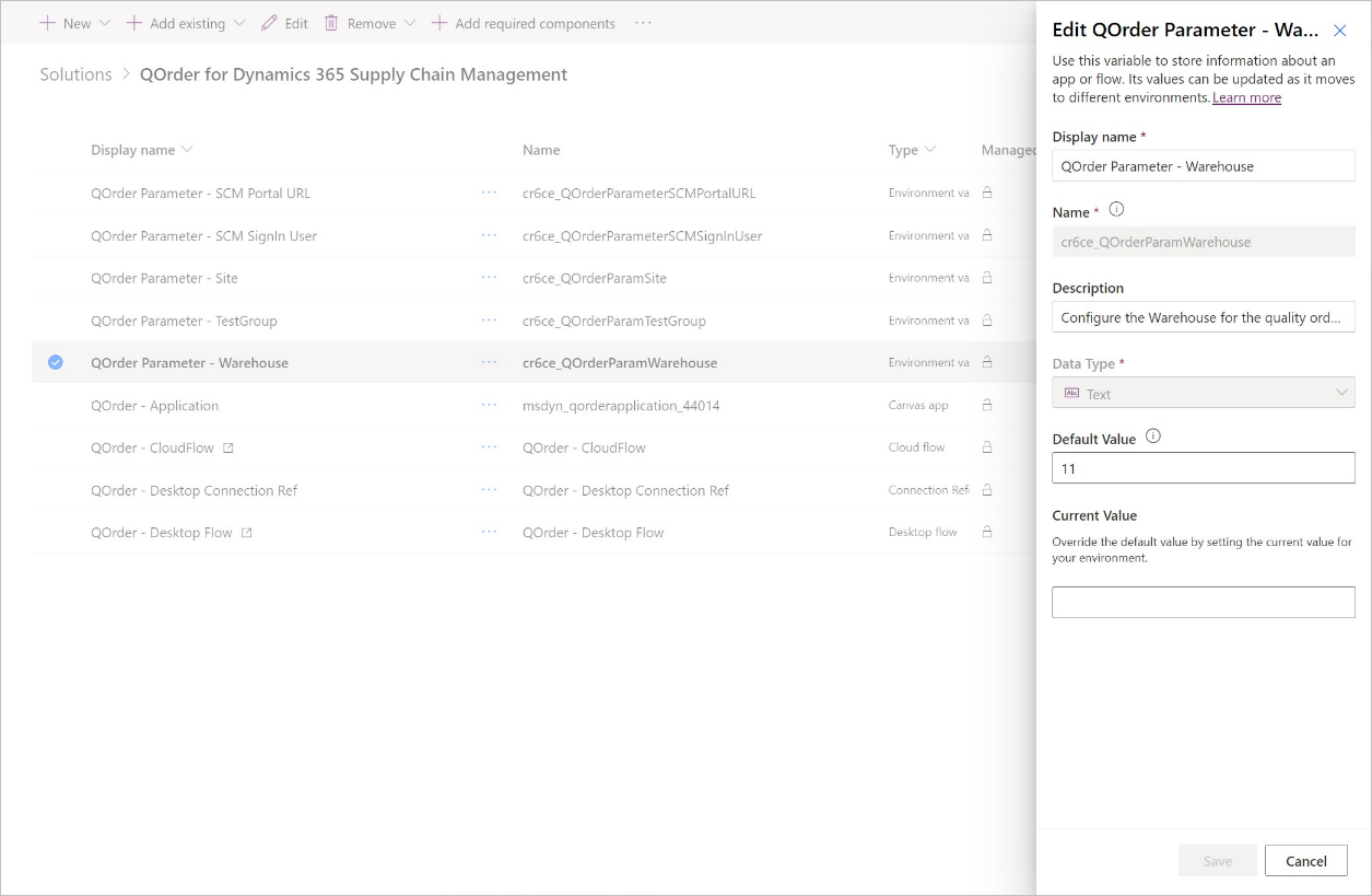 ภาพหน้าจอของบานหน้าต่างแก้ไขพารามิเตอร์ QOrder