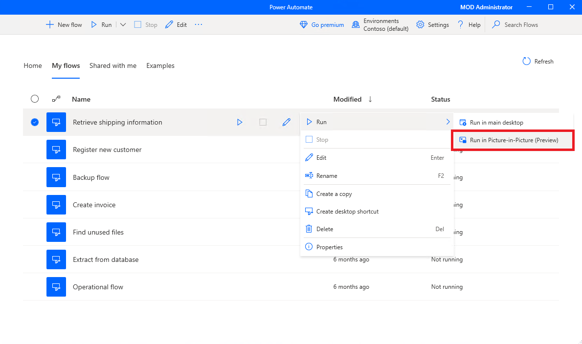 เรียกใช้ใน Picture-in-Picture ผ่านทางคอนโซล Power Automate