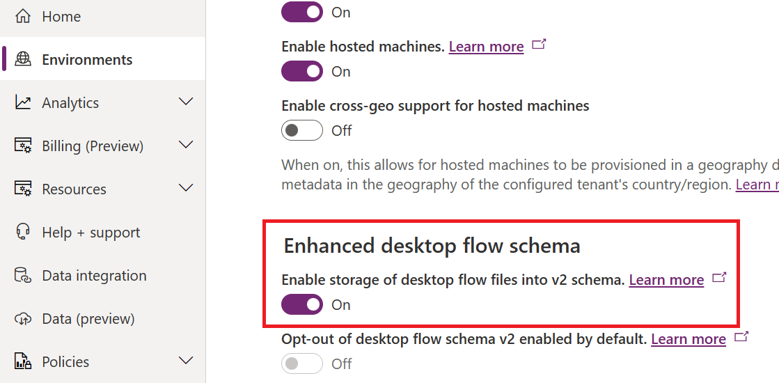 ตัวเลือกในศูนย์การจัดการ Power Platform เพื่อเปิดใช้งาน schema ใหม่