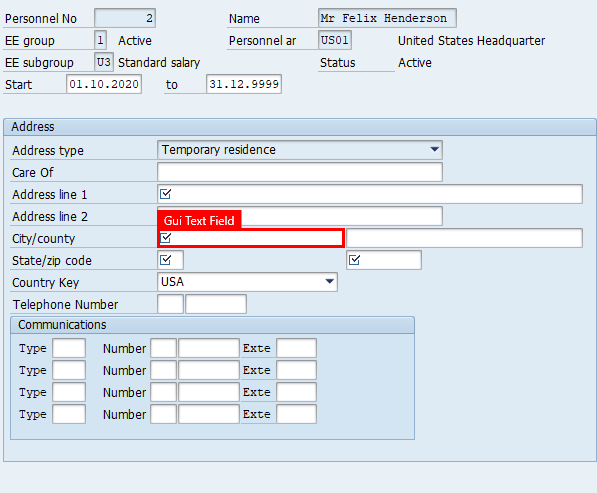 ภาพหน้าจอของหน้าต่างสร้างที่อยู่ใน SAP Easy Access โดยเน้นที่ฟิลด์ เมือง เขต ในพื้นที่ ที่อยู่