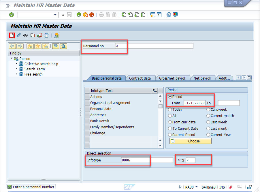 ภาพหน้าจอของหน้าต่าง HR Master Data ใน SAP Easy Access