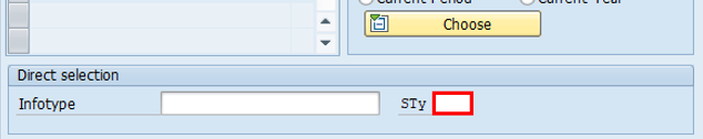 ภาพหน้าจอของหน้าต่าง Maintain HR Master Data ของแอปพลิเคชัน SAP Easy Access ในพื้นที่ Direct Selection ของหน้าจอ จะมีการเลือกฟิลด์ STy ไว้