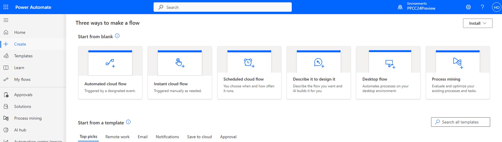 ภาพหน้าจอของหน้าสร้างใน Power Automate